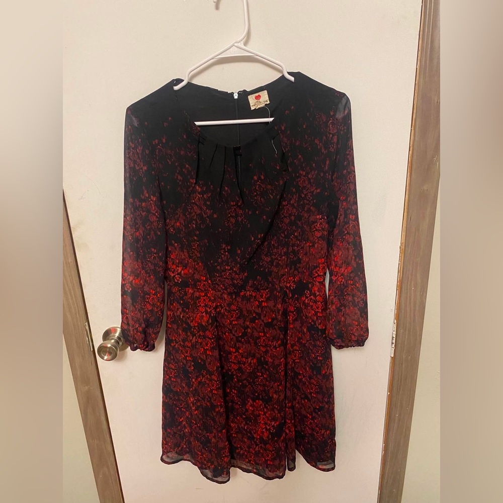 one clothing Black Dress with Red Floral Print — Long Sleeve